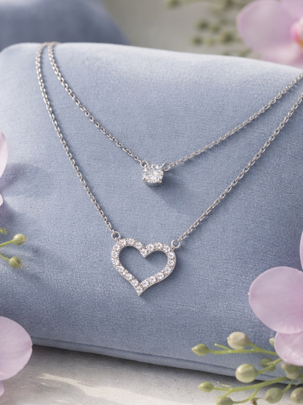 Double Chain Layered .925 Sterling  Rhodium Plated Heart & Round CZ Necklace